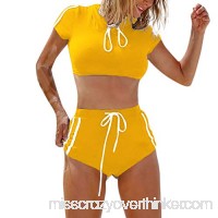 Alangbudu Women Rash Guard Short Sleeve Bathing Suits High Waist 2 Piece Sporty Board Shorts Bikini Yellow B07P1DHLSP